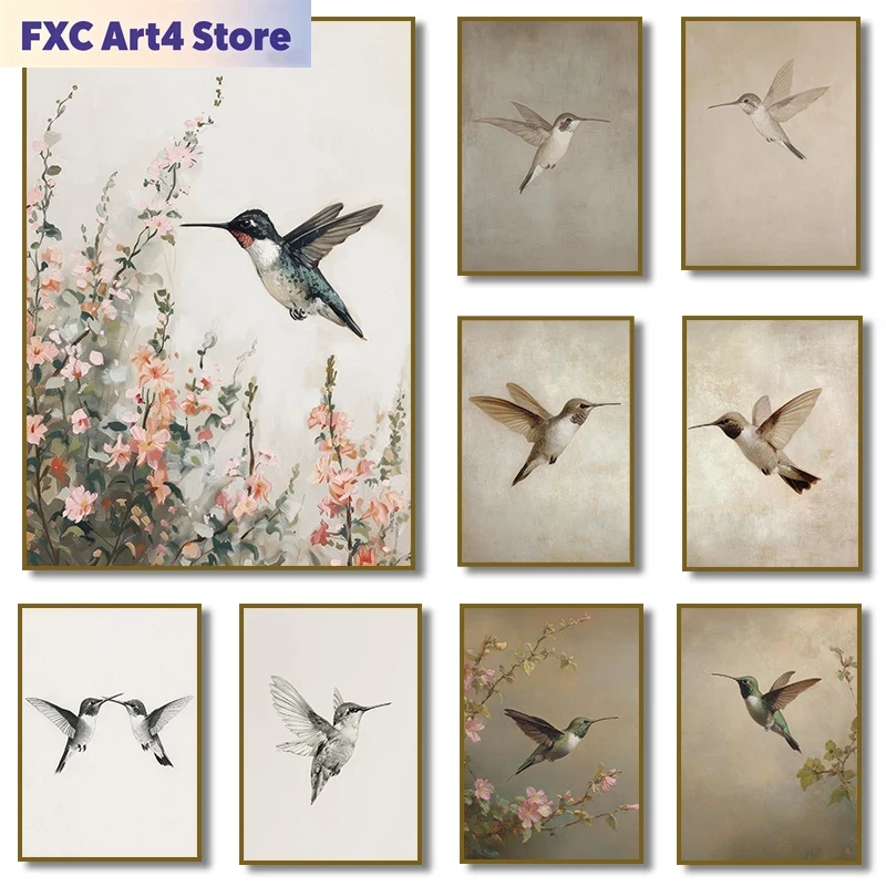 Vintage Fashion Wall Art - Frameless Vintage Hummingbird Sketch Bird Animal