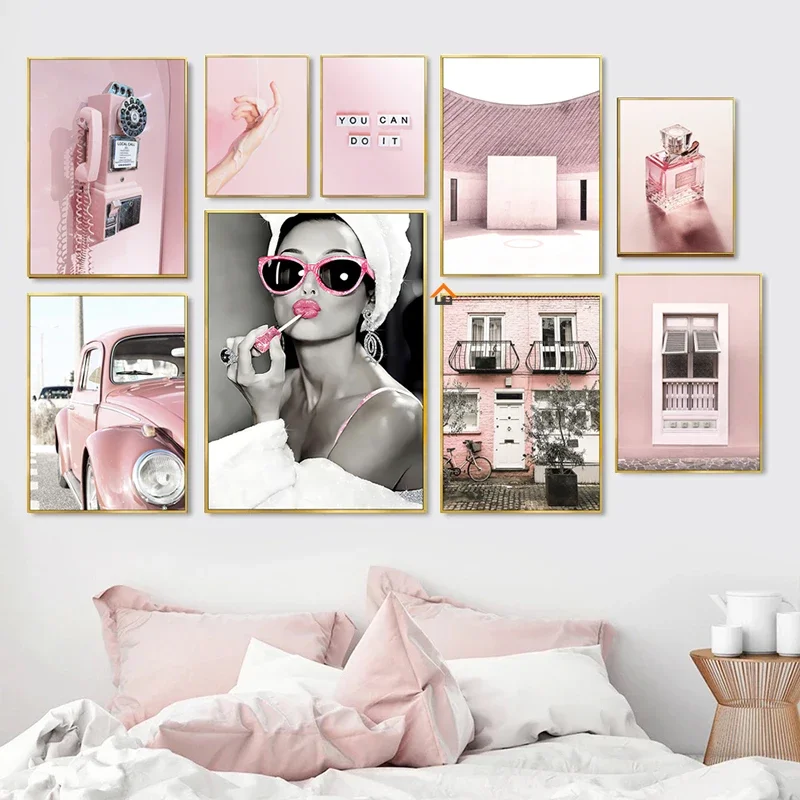 Vintage Fashion Wall Art - Luxury Perfume Women Pink Vintage Car